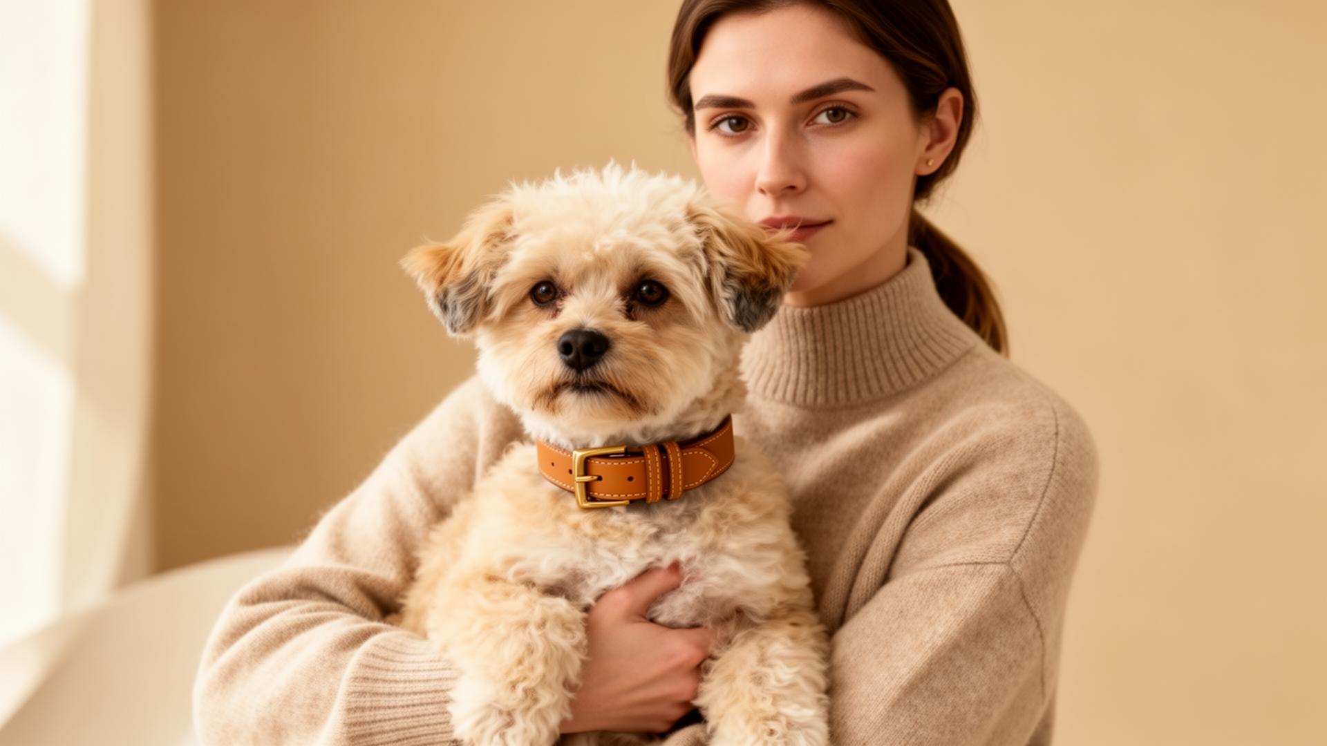 Donna elegante con il suo cane che indossa un collare FEEDO